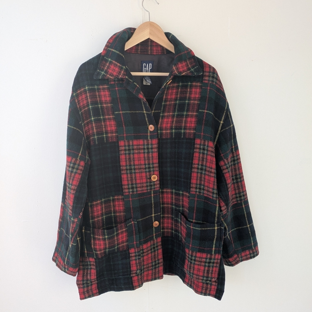 Vintage GAP Women's Tartan Plaid Button-Up Lightweight Jacket Recycled Wool